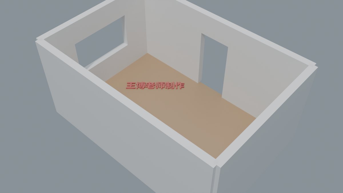 6×4×2.8m 教室，侧墙开窗、前墙开门，地板上有 3D 文字署名